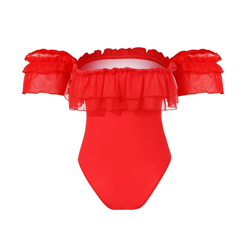 One-piece Swimsuit Women's Tube Top Ruffled Swimwear Summer Beach Wear Cover Up High Waist Bikini