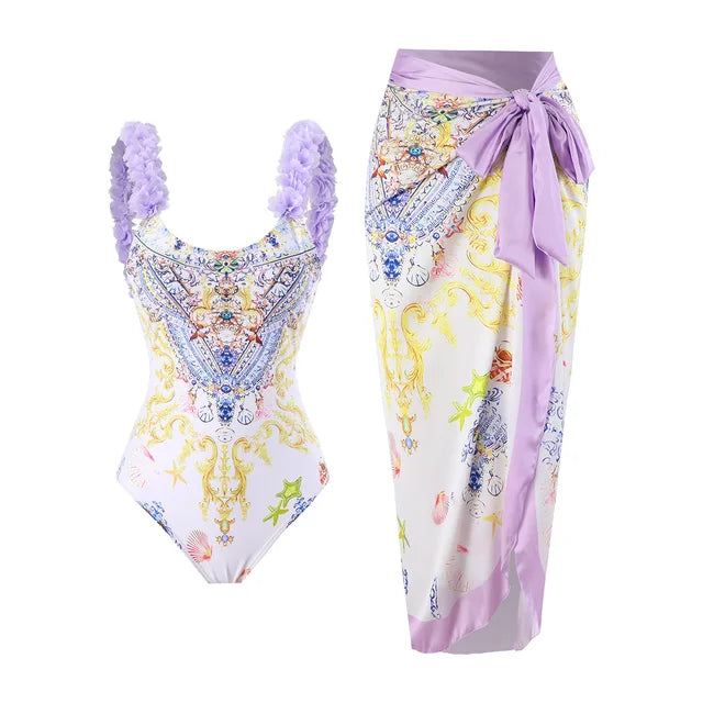 Print Bubble Band One-piece Swimsuit Conservative One-Piece Suits Women Beach Slim Bikini and Skirt Vintage Swimsuit