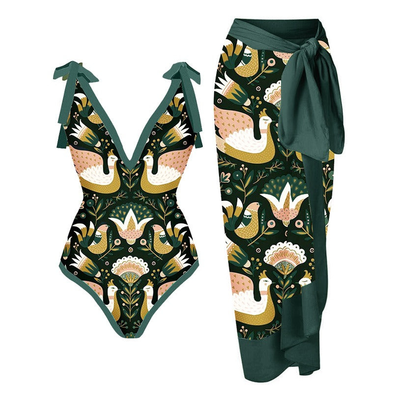 Vintage printed swimsuit conservative One-piece swimsuit women's printed beach skirt suit