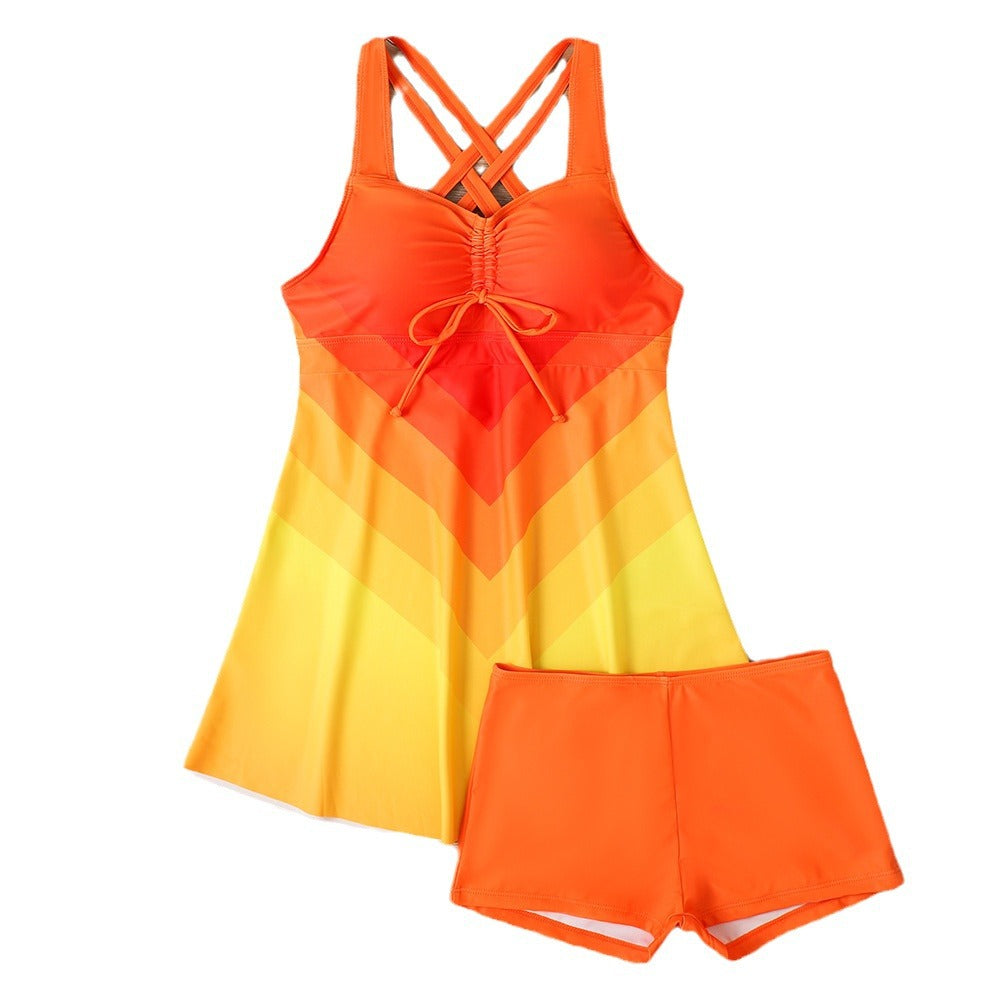European and American printed split swimsuit women's skirt conservative hot spring bikini