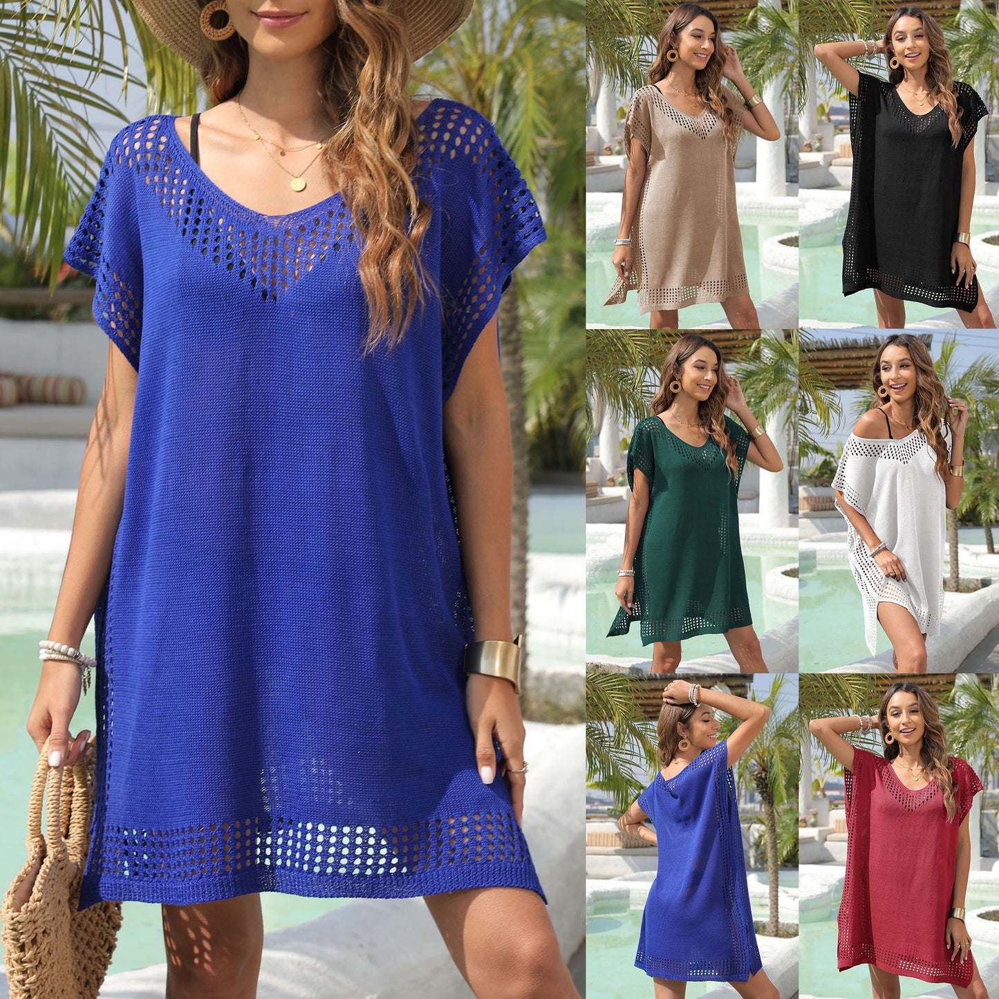 Cover Up V-Neck Hollowed Out Patchwork Loose European And American Women's Dress, Seaside Vacation Super Fairy Beach Skirt