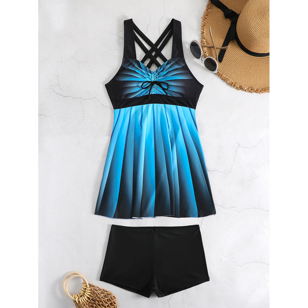 European and American printed split swimsuit women's skirt conservative hot spring bikini