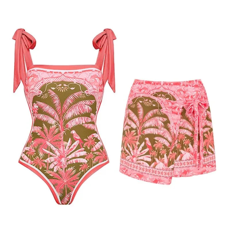 3D Flower New V Neck One Piece Swimsuit For Women Swimwear With Skirt Bathing Suit Monokini Beach Bodysuit Beach Wear