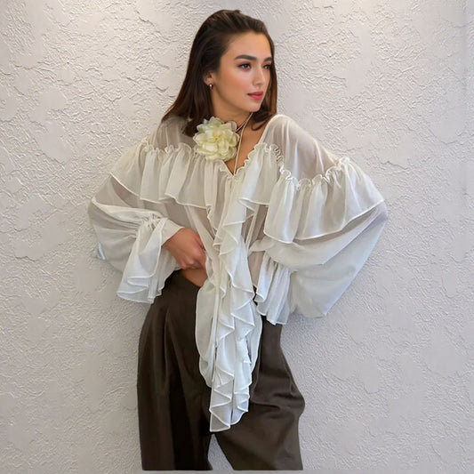 V-neck chiffon shirt sexy perspective beach cover shirt long sleeved top
